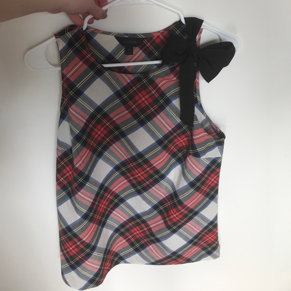J Crew Plaid Grosgrain Bow Shoulder Top SZ 2